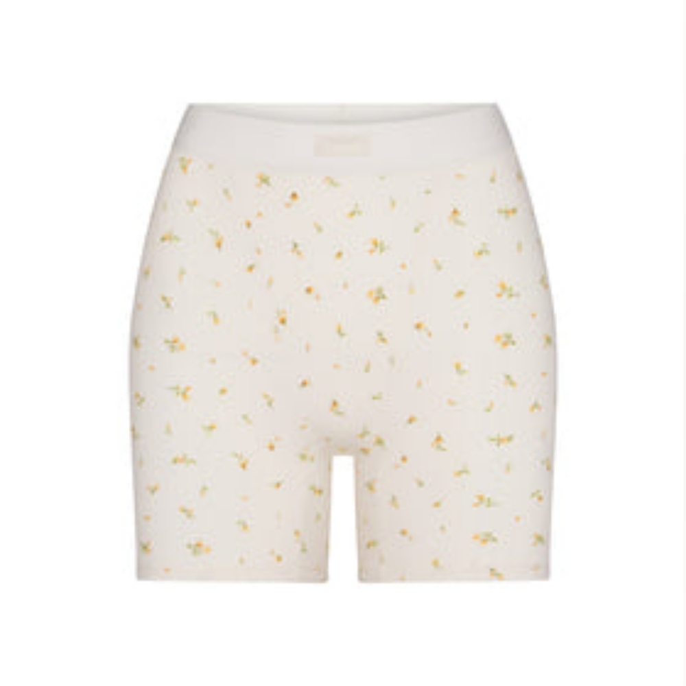NEW SKIMS Girlfriend Boxer Shorts Cotton Rib Knit (Cream Floral) - SKIMS